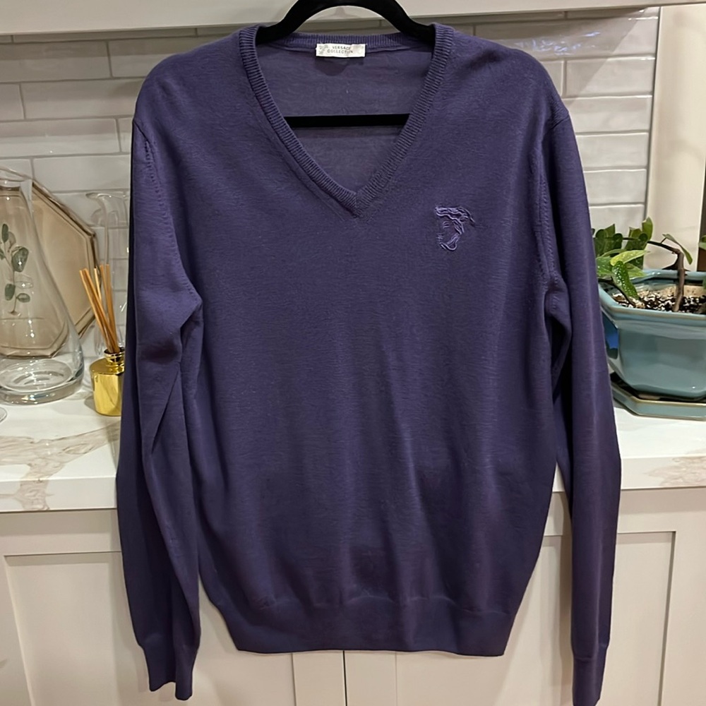 EUC Versace Collection fine 100% wool v neck purple long sleeve sweater